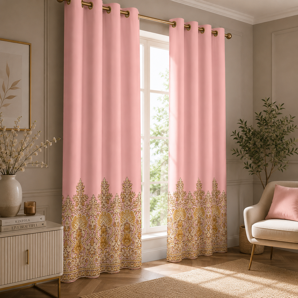 Cotton - Room Darkening Light pink Bikaneri Print - Pack of 1 Curtain