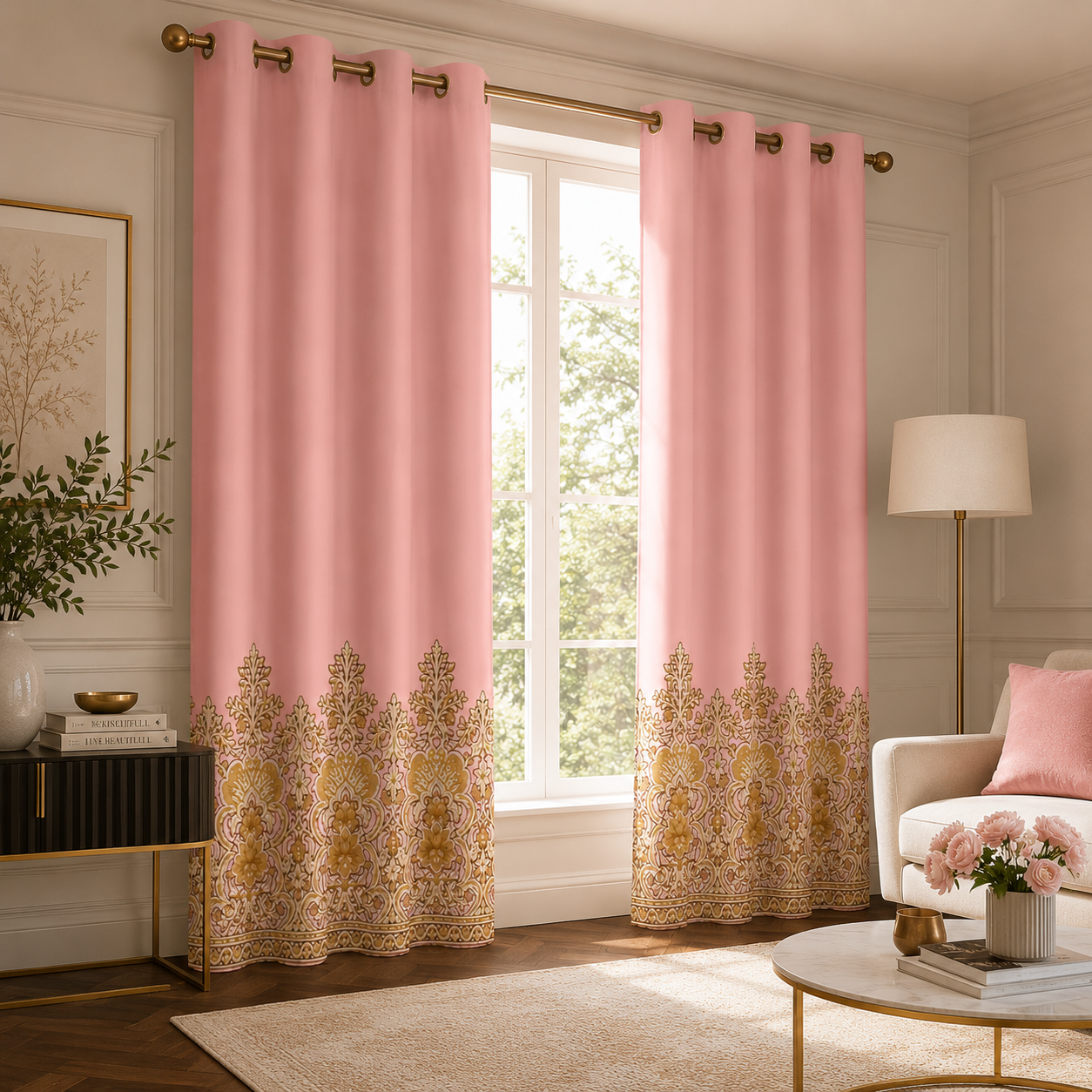 Cotton - Room Darkening Light pink Bikaneri Print - Pack of 1 Curtain