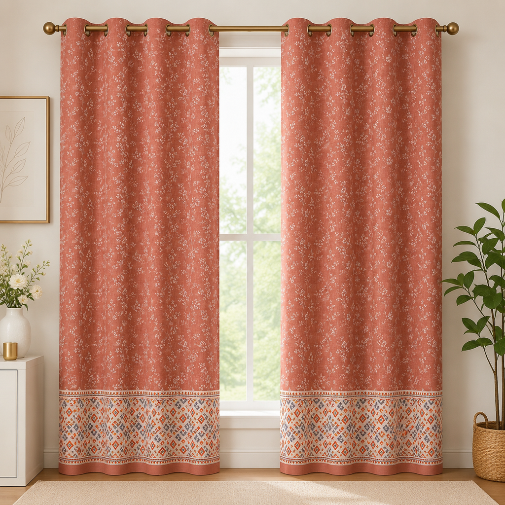 Cotton Heavy -  Pinkish Orange Floral Print - Bedroom & Livingroom - Pack of 1 Curtain