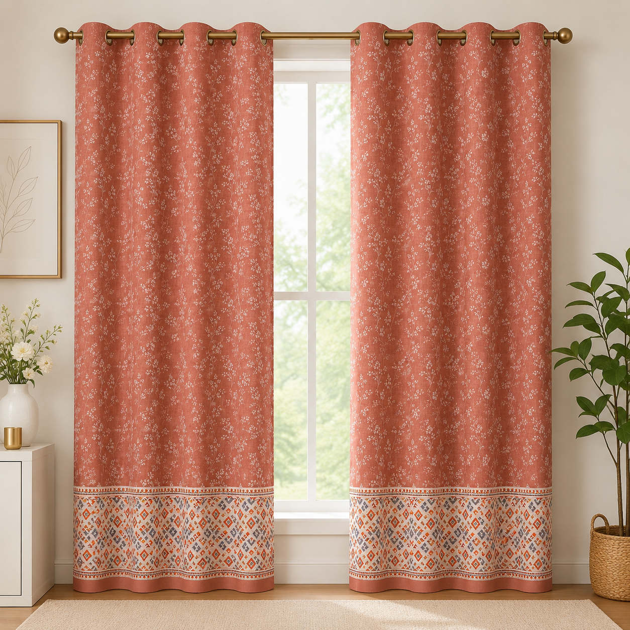 Cotton Heavy -  Pinkish Orange Floral Print - Bedroom & Livingroom - Pack of 1 Curtain