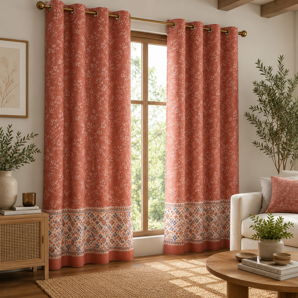 Cotton Heavy -  Pinkish Orange Floral Print - Bedroom & Livingroom - Pack of 1 Curtain