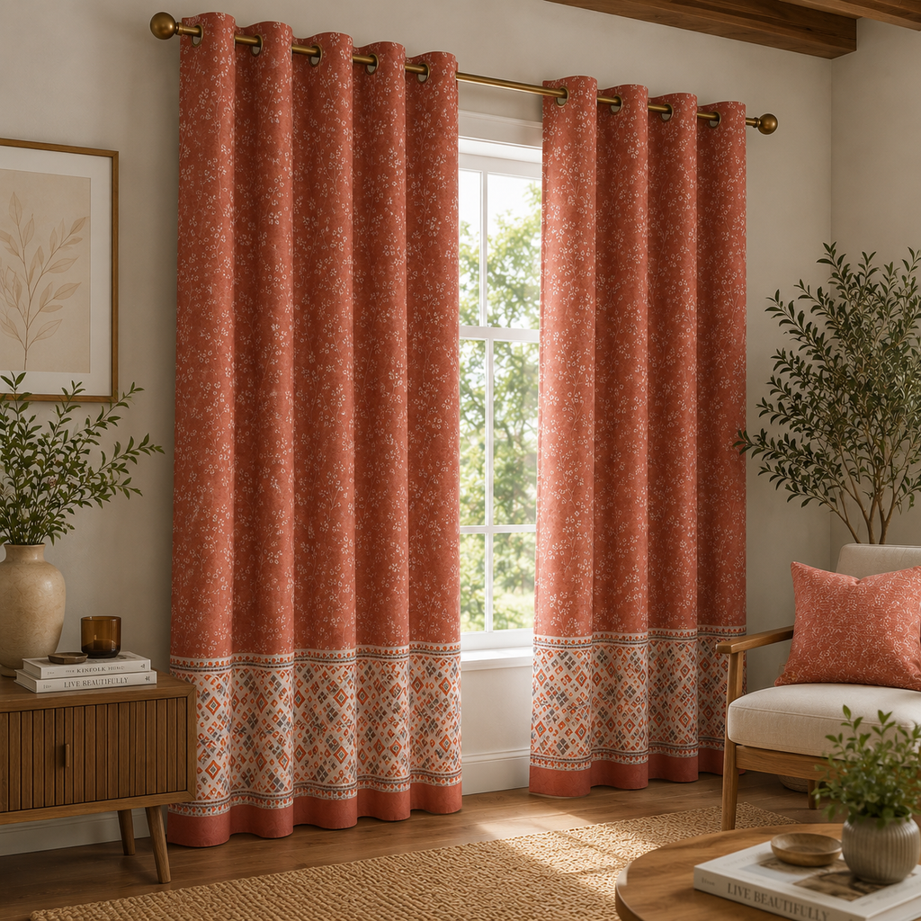Cotton Heavy -  Pinkish Orange Floral Print - Bedroom & Livingroom - Pack of 1 Curtain