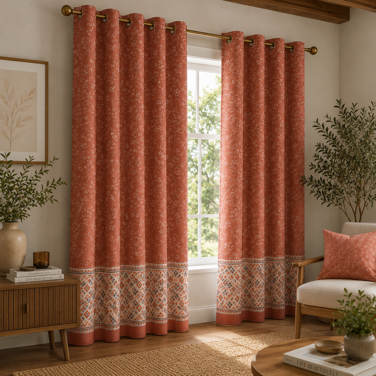Cotton Heavy -  Pinkish Orange Floral Print - Bedroom & Livingroom - Pack of 1 Curtain