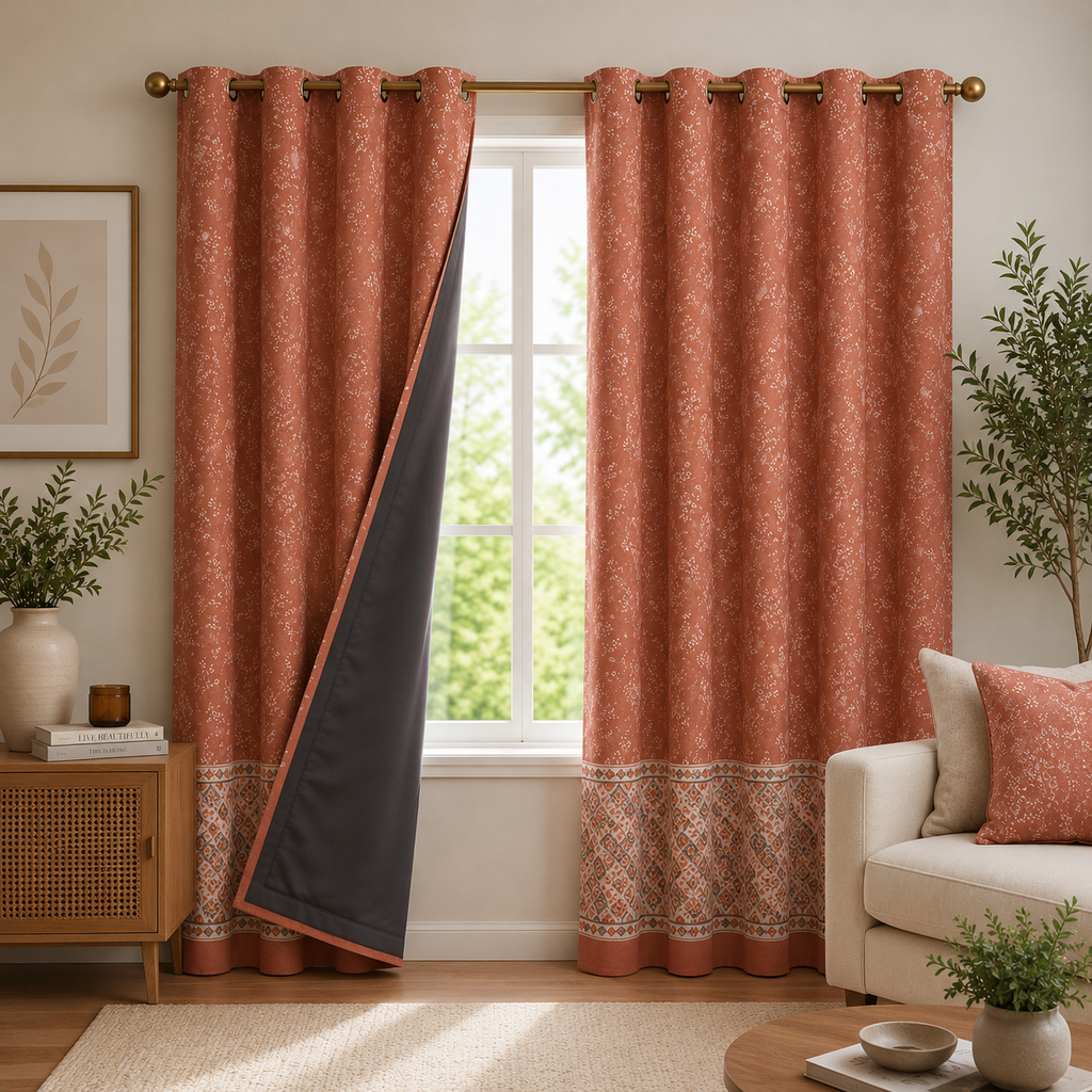 Cotton Heavy -  Pinkish Orange Floral Print - Bedroom & Livingroom - Pack of 1 Curtain