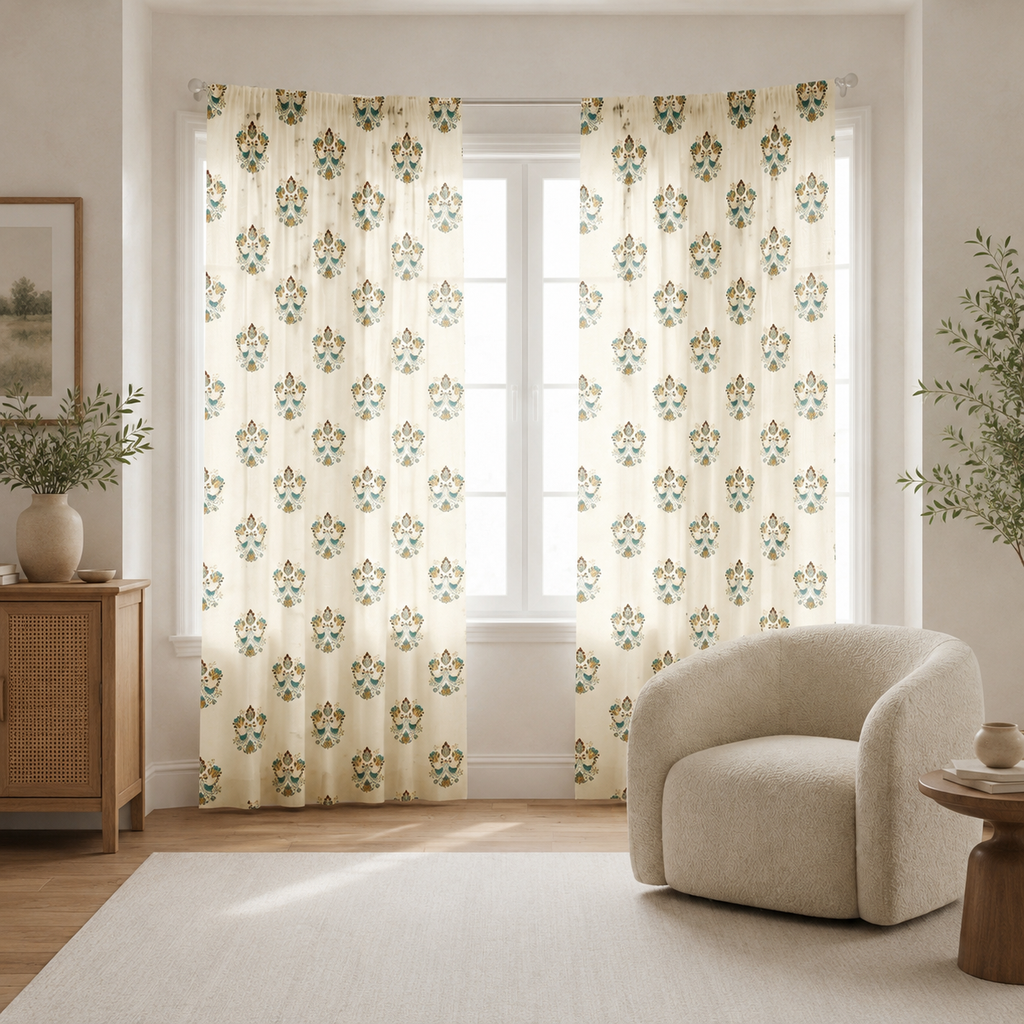 Linen Sheer -  Blue Small birds Print - Pack Of 1 Curtain