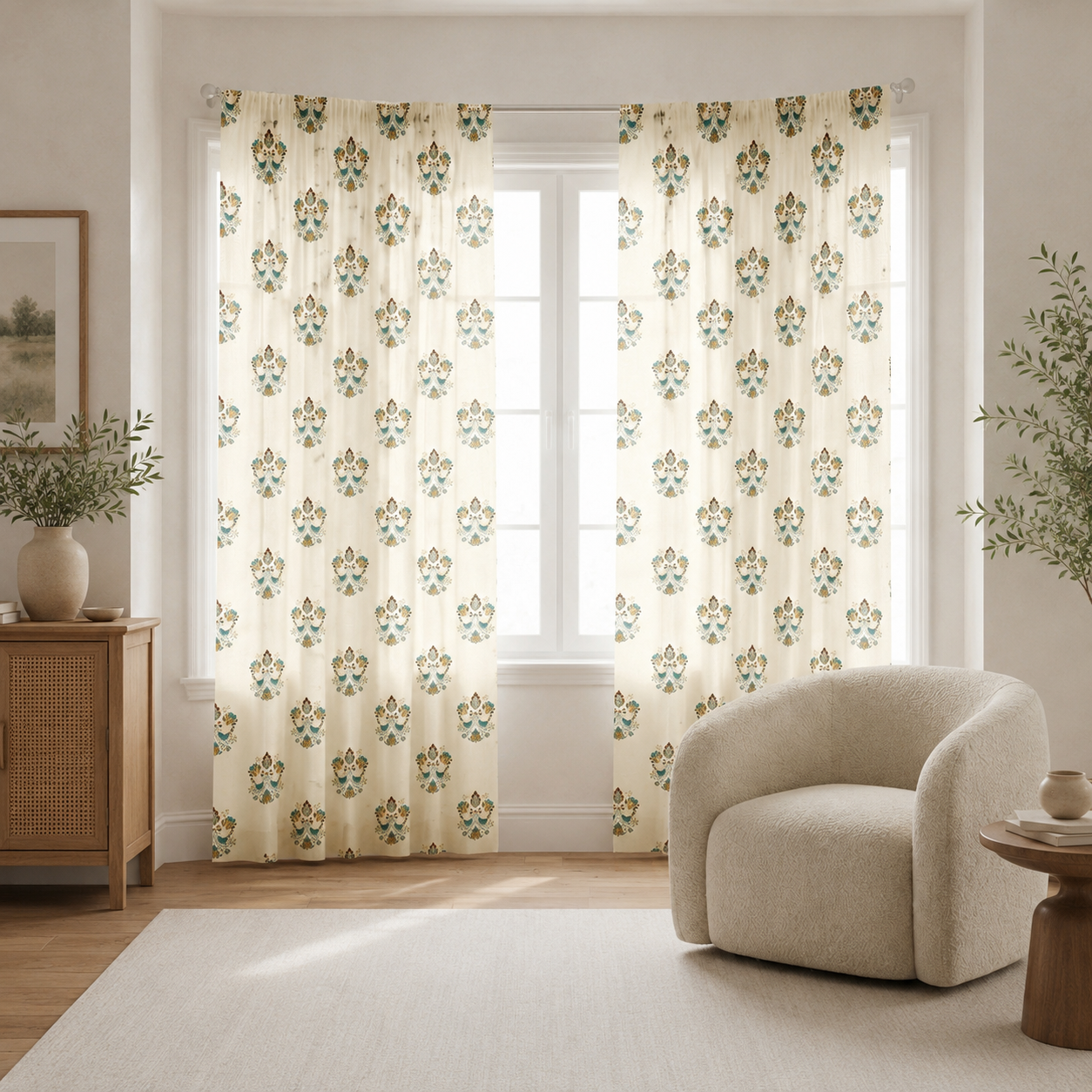 Linen Sheer -  Blue Small birds Print - Pack Of 1 Curtain