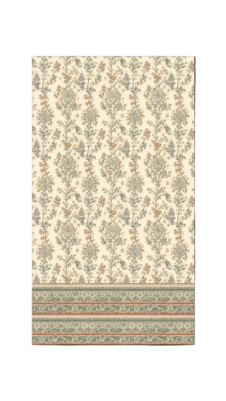 Patterned fabric with floral and stripe design on a cream background