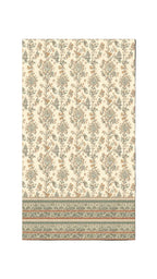 Patterned fabric with floral and stripe design on a cream background
