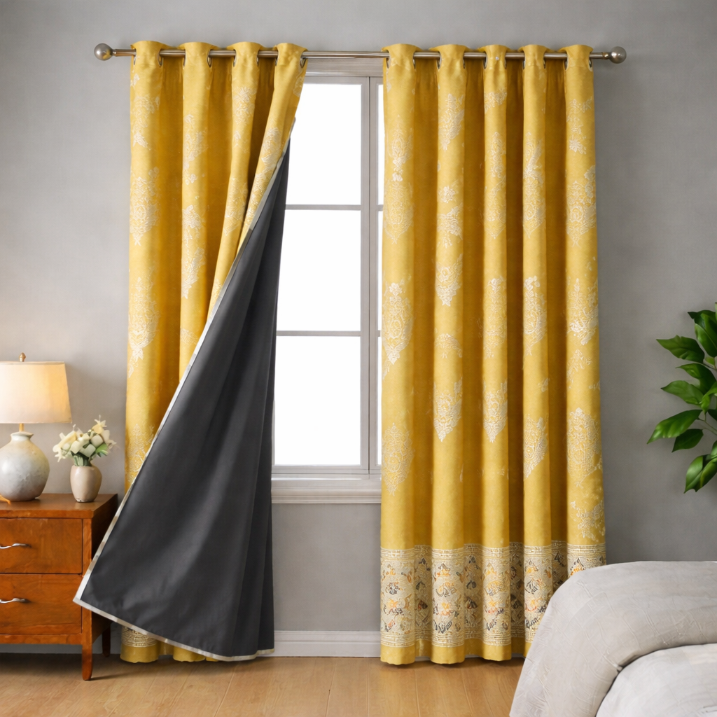 Yellow floral curtains with a gray panel in a room with a lamp, vase, and plant.
