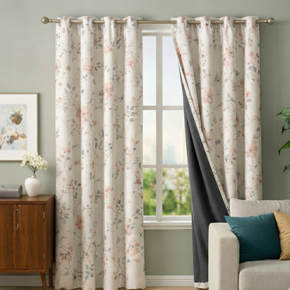 Floral curtains in a living room with a window, sofa, and decor items.