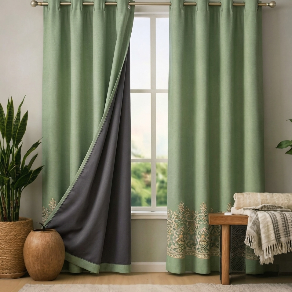 Cotton - Green with Bikaneri Ethnic Cream Print Curtain - Pack of 1 Curtain