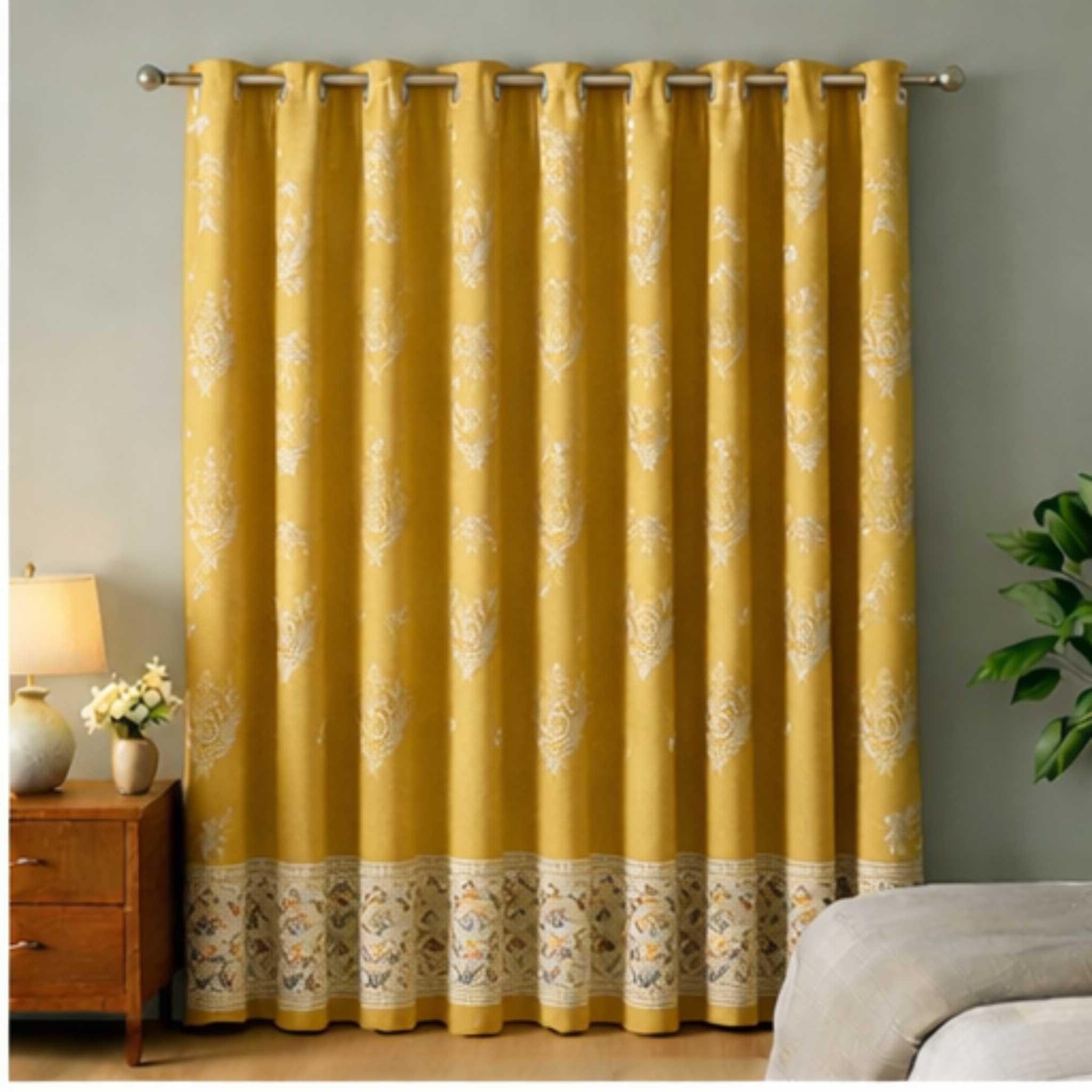 Yellow floral curtains with a gray wall and wooden nightstand in the background