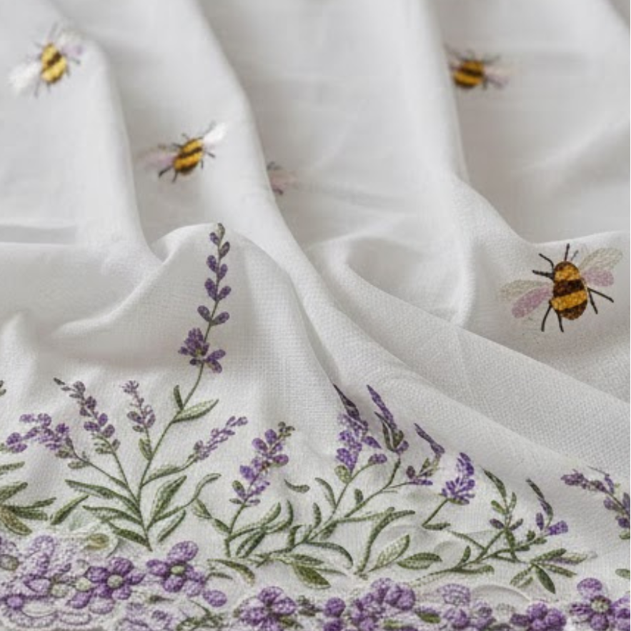 Linen fabric with lavender and bee designs on a white background