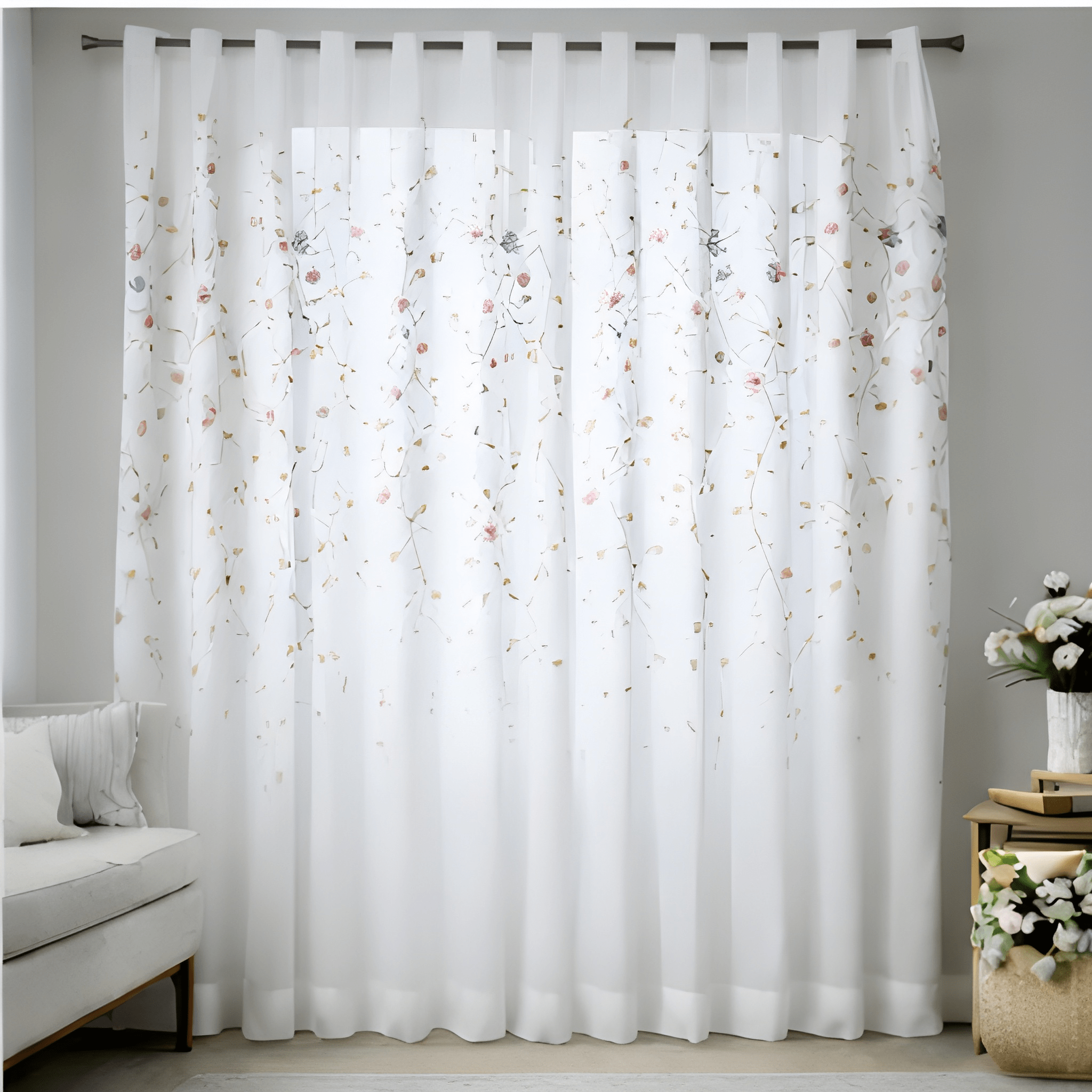 Sheer white curtain with floral pattern in a room with a sofa and decorative items.
