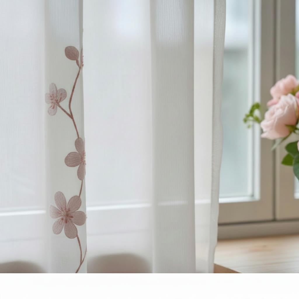 Sheer curtain with floral pattern in a room with a window and flowers.