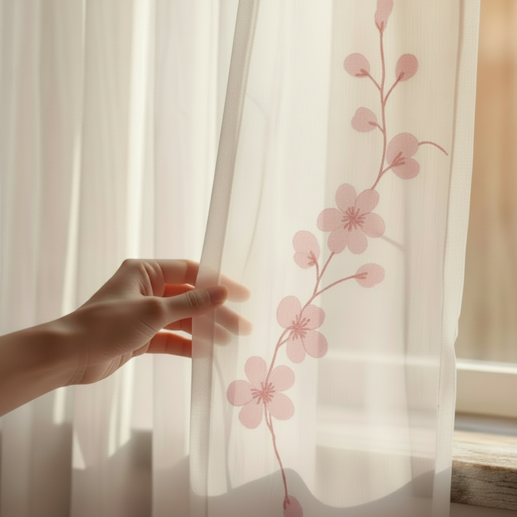 Hand holding a sheer curtain with floral print