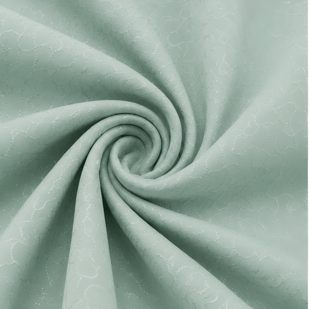 A close-up of mint green fabric arranged in a spiral drape, showing a subtle repeating tonal pattern.