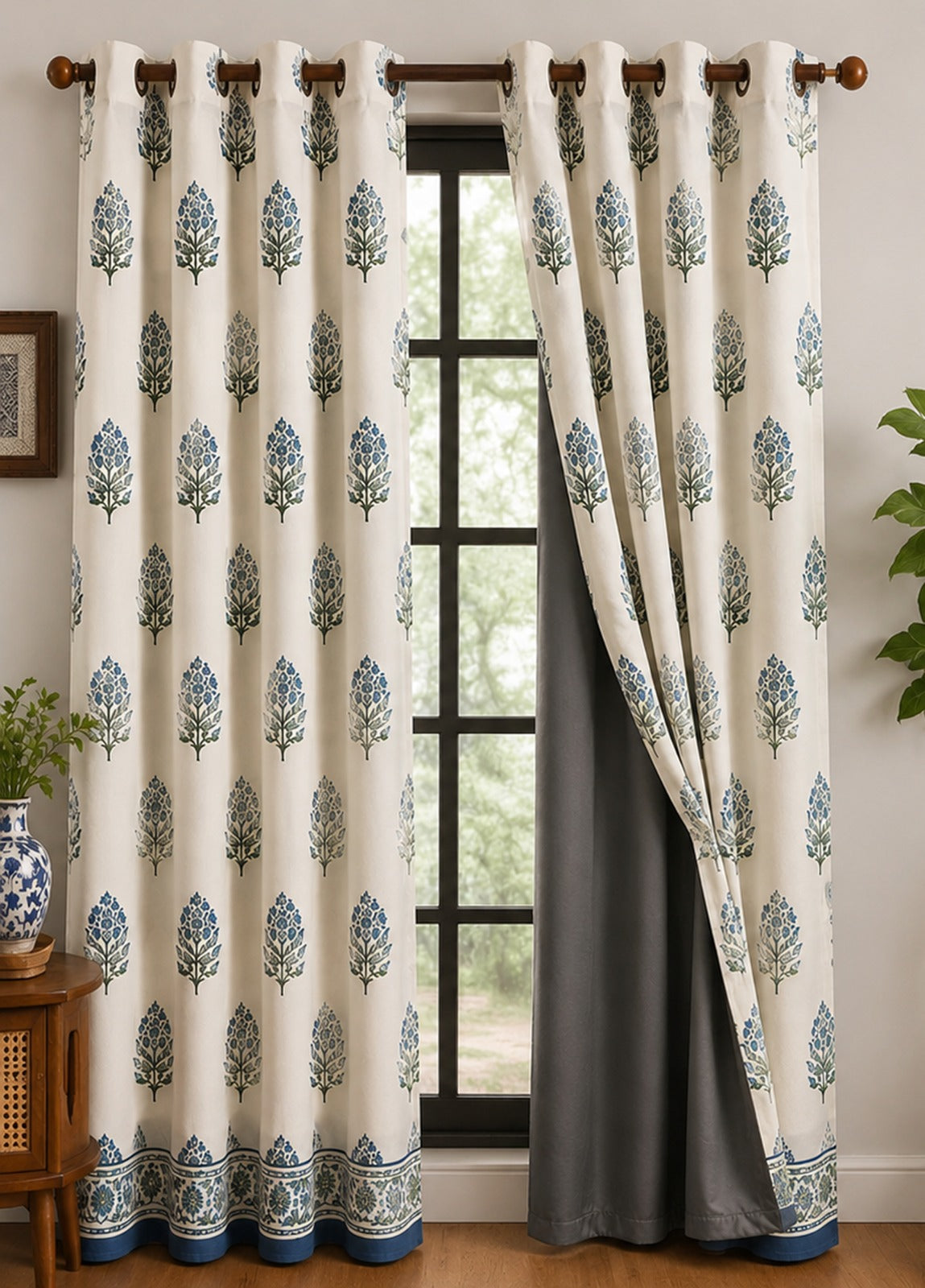 Cotton Heavy - Blue Bikaneri Floral Print Curtains - Pack of 1 Curtain