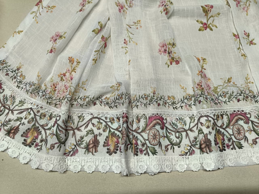 Linen Sheer -  Floral curtains with lace trim Print - Pack Of 1 Curtain