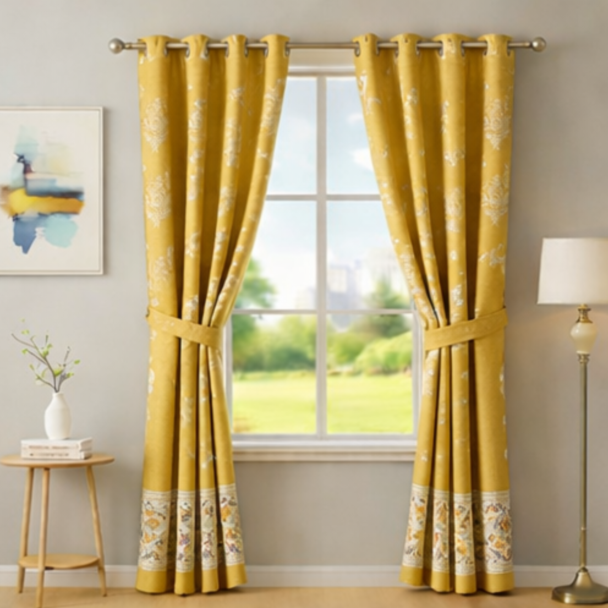 Yellow floral curtains hanging in a room with a window, side table, and lamp.