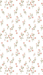 Pattern of small pink flowers and green leaves on a white background