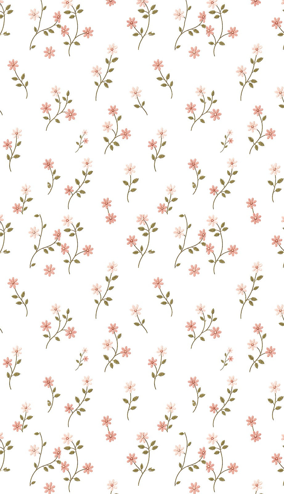 Pattern of small pink flowers and green leaves on a white background