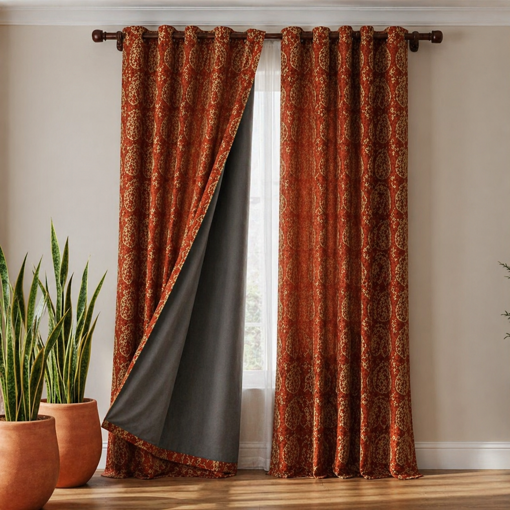 Cotton - Room Darkening Mehndi Desing Orenge Curtains - Pack of 1 Curtain