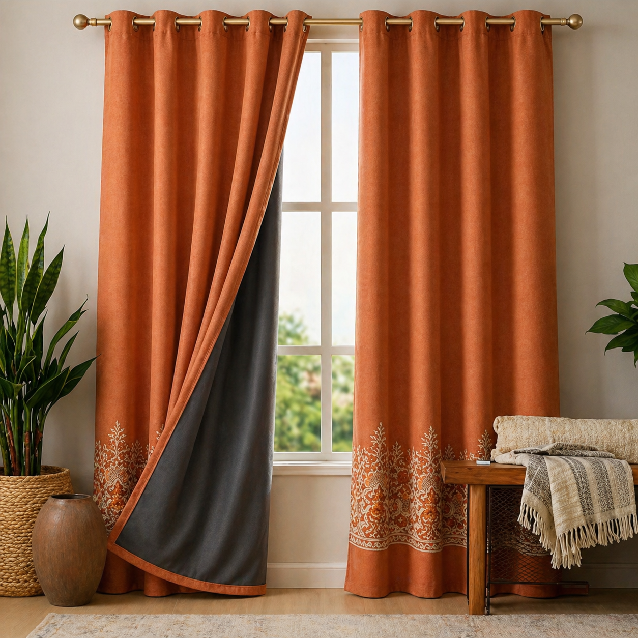Cotton - Room Darkening Floral Orenge Curtains - Pack of 1 Curtain