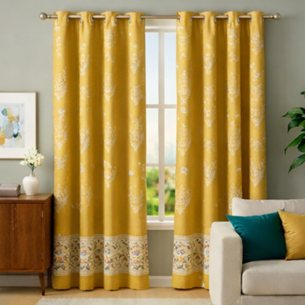 Yellow floral curtains in a living room with a couch and side table.