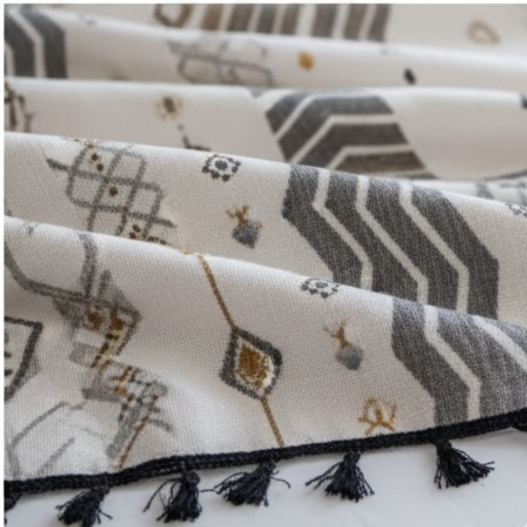 Set of patterned cloths with tassels on a white background