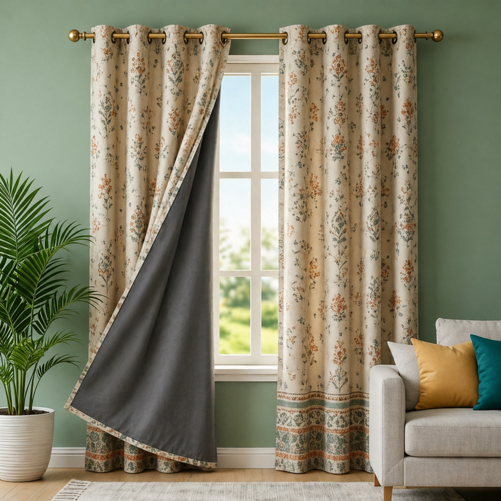 Cotton Heavy - Room Darkening Dusty Floral Bikaneri Print Curtains - Pack of 1