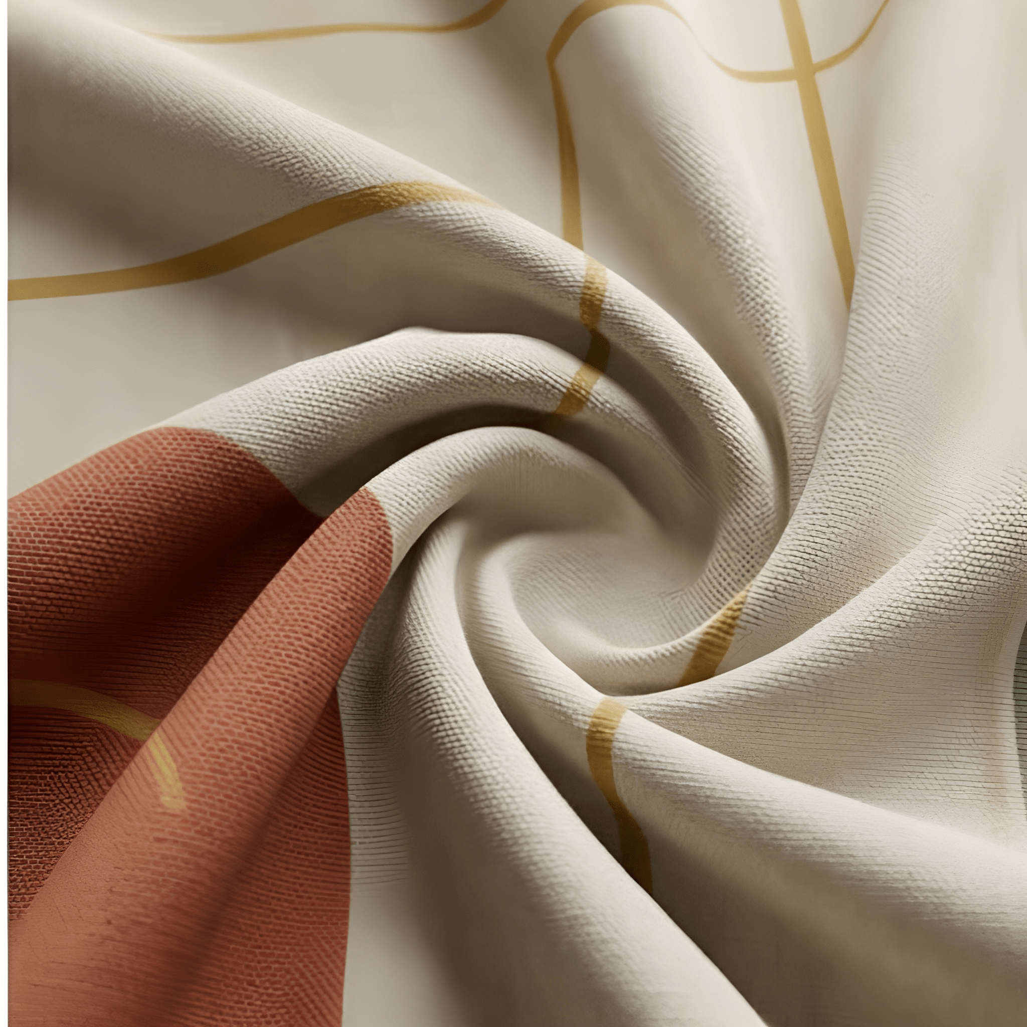 Close-up of fabric with gold and rust patterns on a beige background