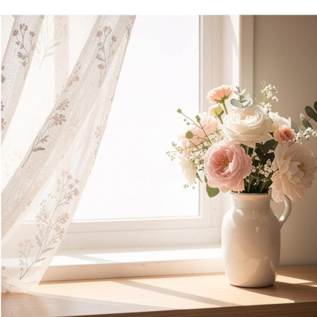 White vase with pink flowers on a windowsill with sheer curtains