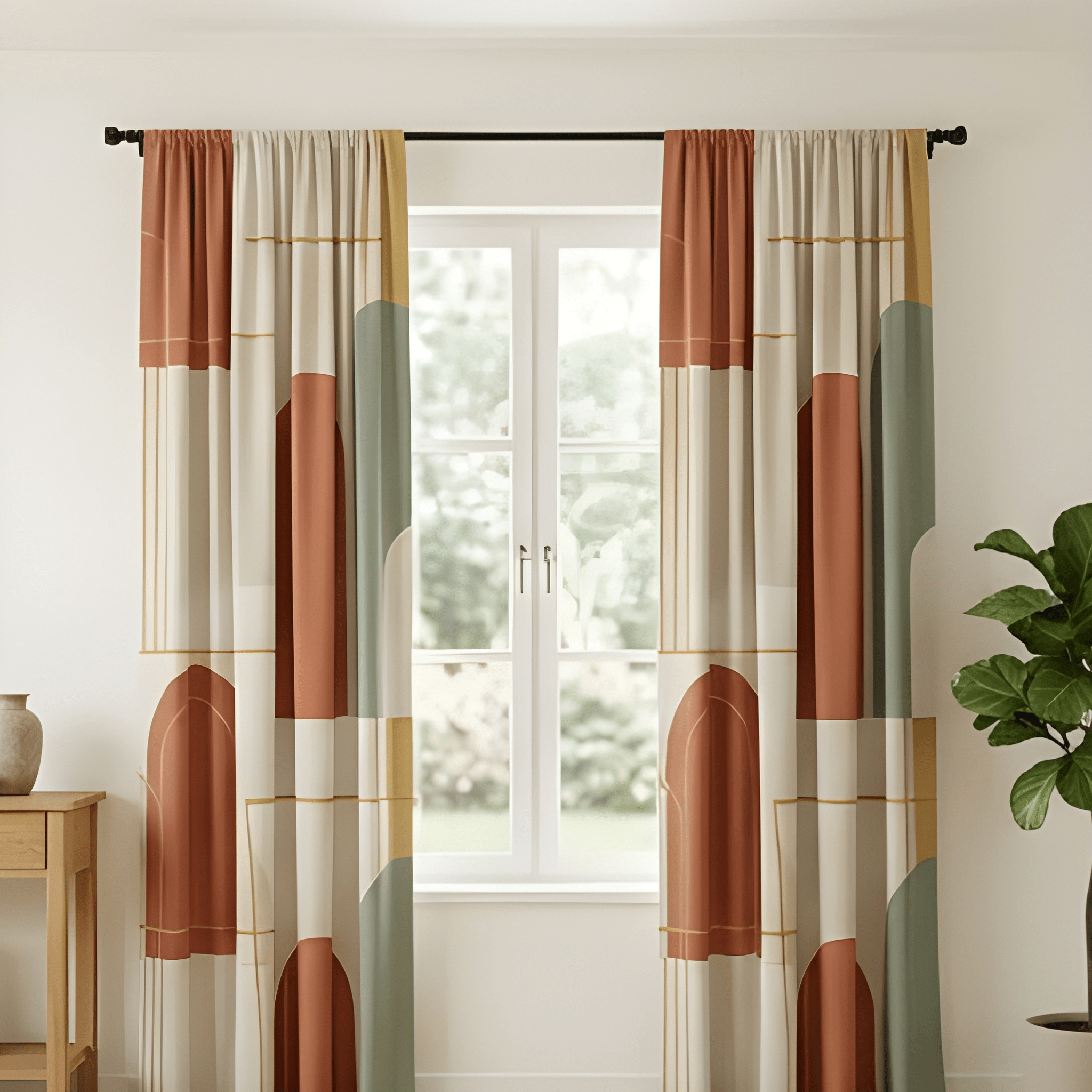 Pair of geometric patterned curtains hanging in front of a window with a plant and side table in the background.