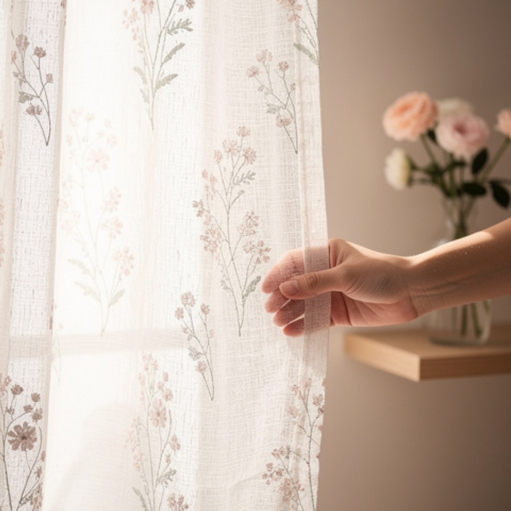Linen Sheer - Light Pink Herbs  Print - Pack Of 1 Curtain