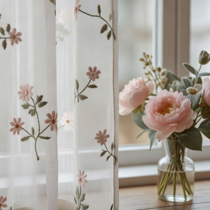 Linen Sheer -  Pink Small Flower Print - Pack Of 1 Curtain