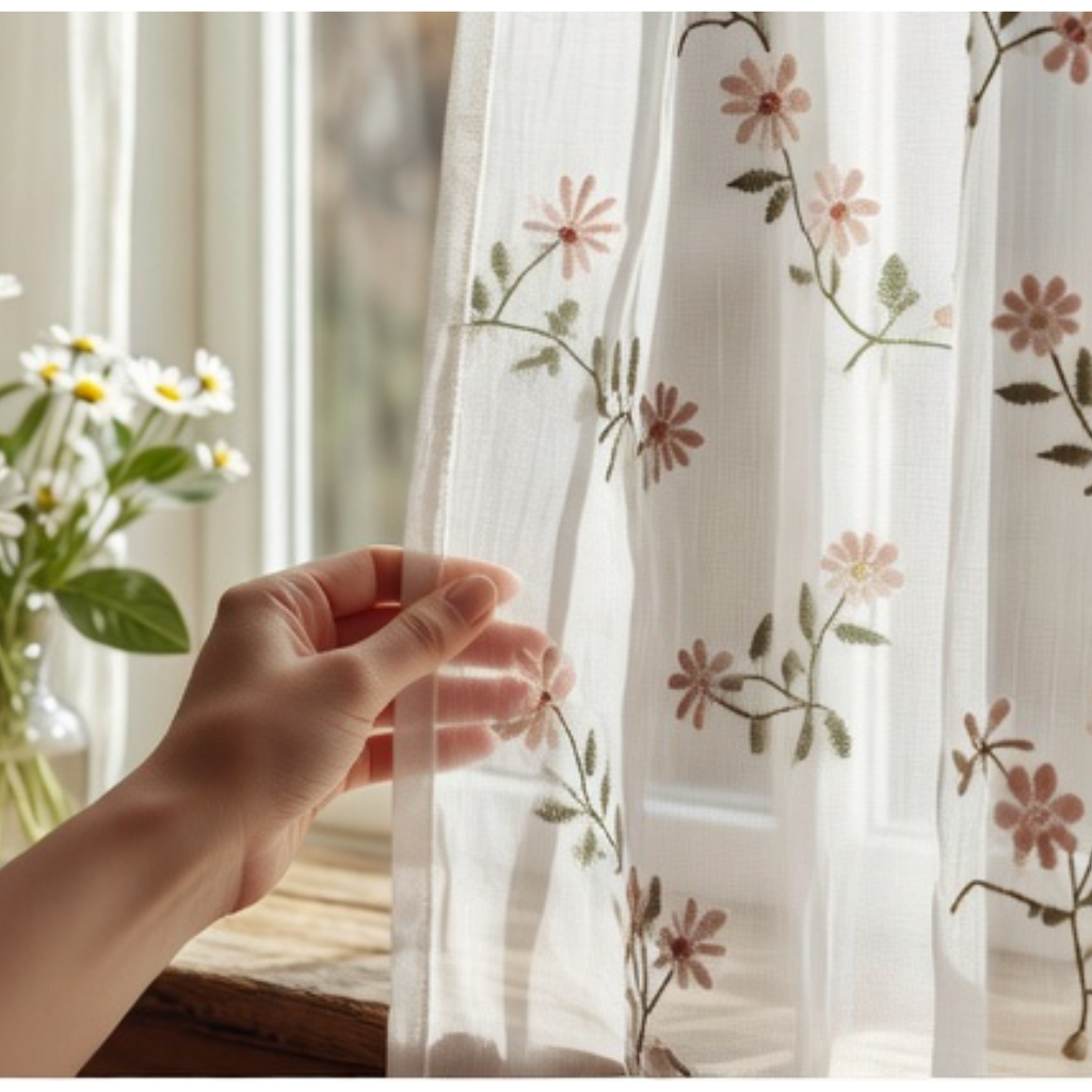 Hand holding a floral print sheer curtain with a blurred indoor background