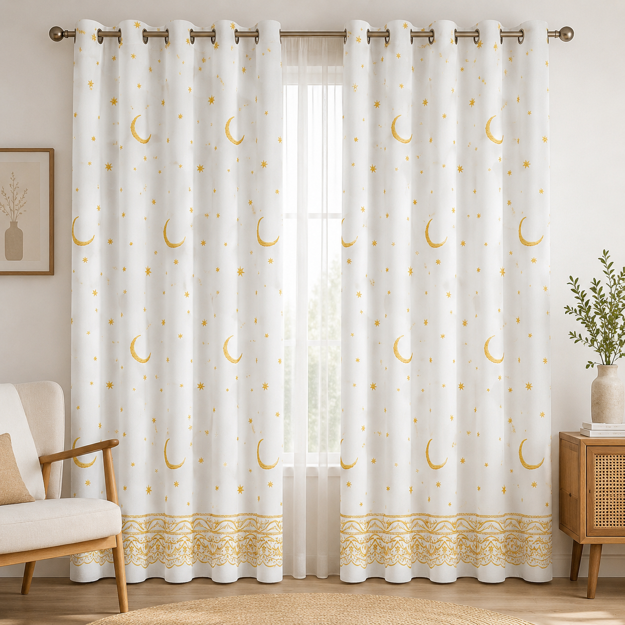 Linen Sheer - Yellow moon and star Patterns  Print - Pack Of 1 Curtain