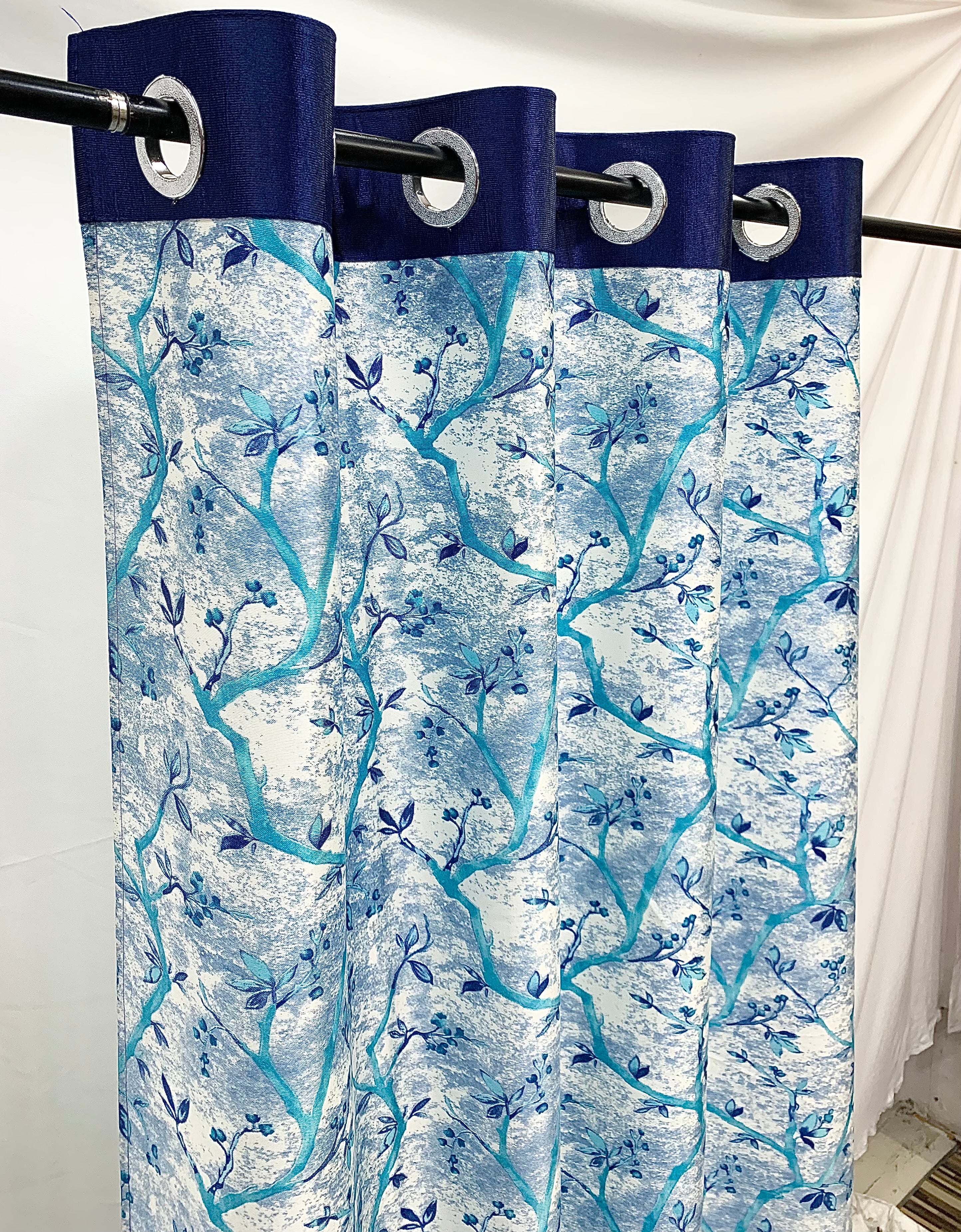 Swiss Printed Leaflets Curtain -Blue - PARDEWALE.in