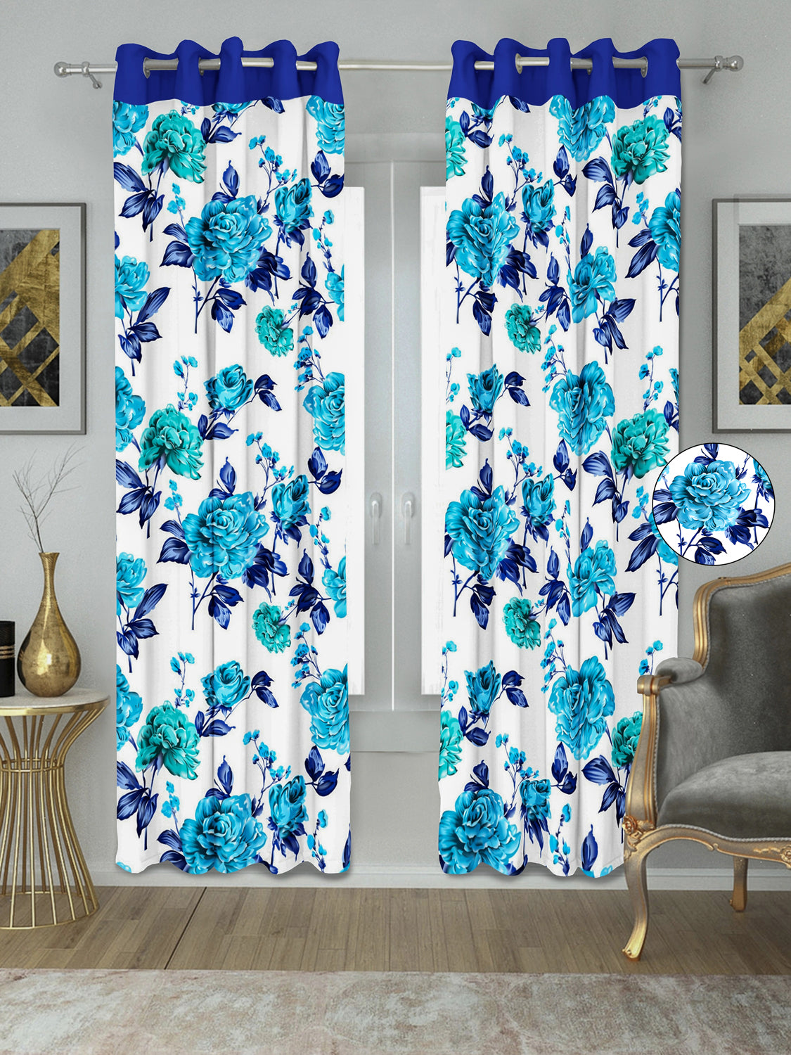 Swiss Magnolia Printed Curtain - Blue (Pack of 1)