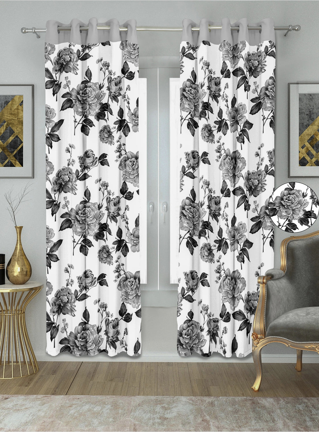 Swiss Magnolia Printed Curtain - Grey (Pack of 1)